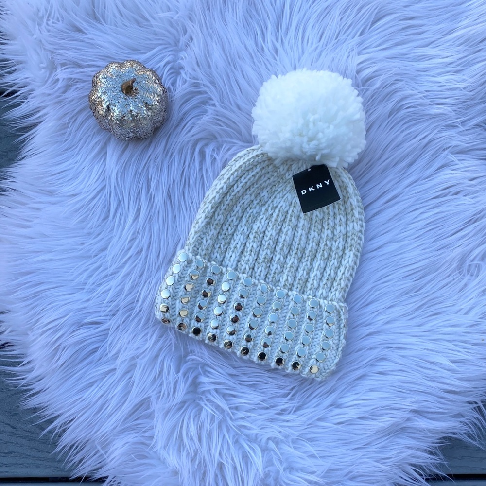 DKNY puff studded winter hat